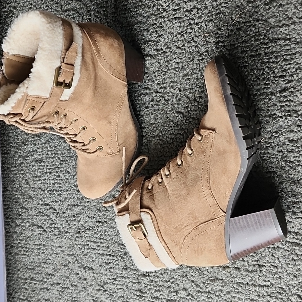 Tan Suede Booties Size 6.5 with Faux Fur and Buckle